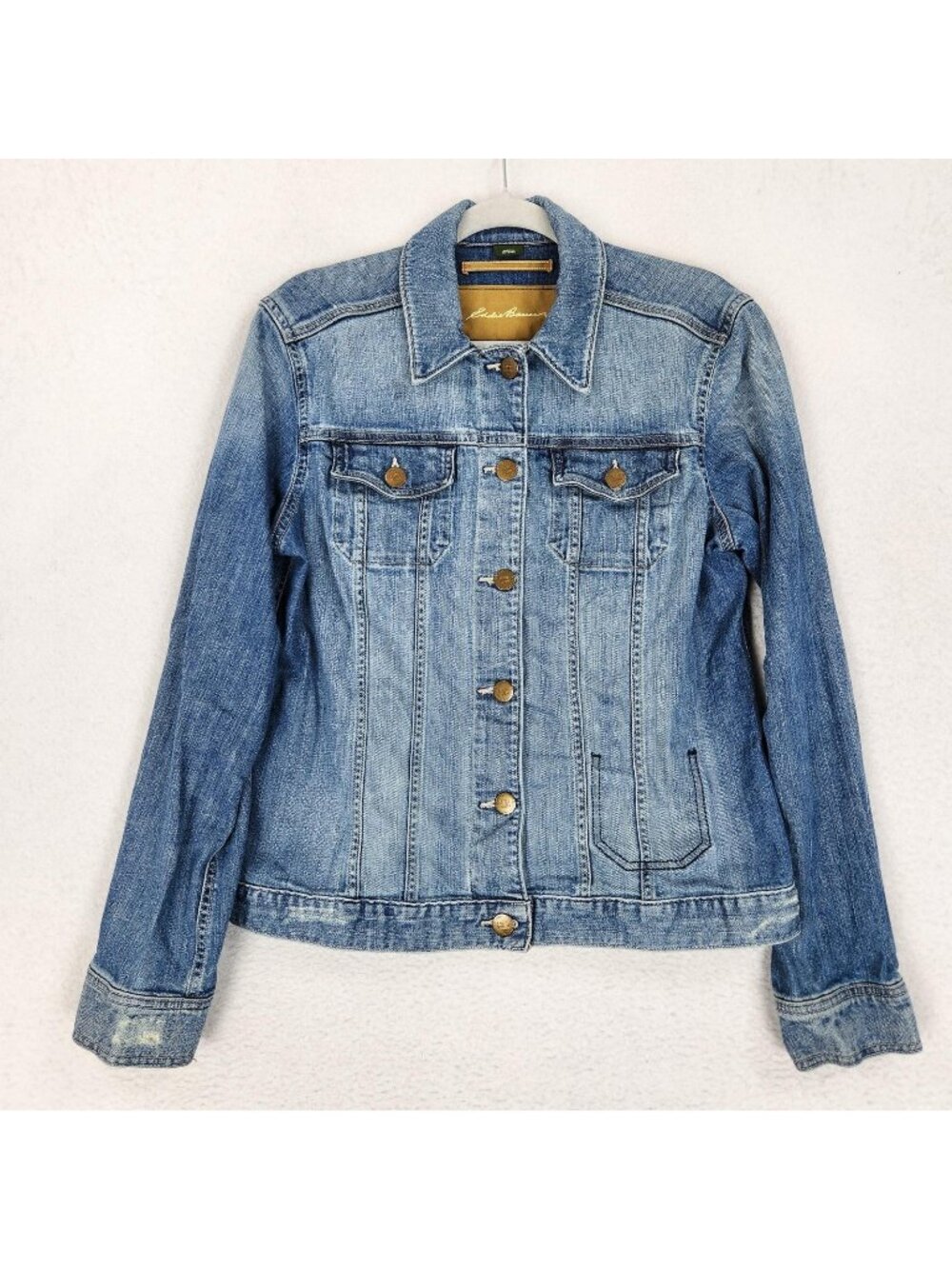 Eddie Bauer Jacket Womens Large Tall Blue Button Front Denim Jean Trucker Casual